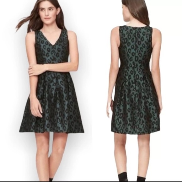LOFT Fit & Flare Mini Green & Black Leopard Print Dress - Size 10 - Picture 8 of 11